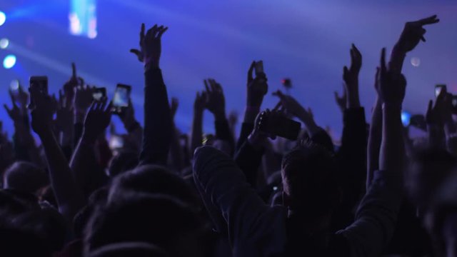 Insane energy coming out of the excited music fans dancing with hands up at the rock concert