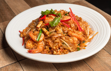 Seafood pad Thai dish of stir fried rice noodles.Thailand's national dishes.