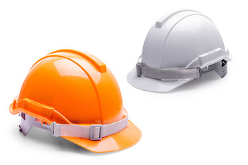 Orange white safety helmet construction on white background.