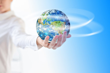 Earth from Space in hands, globe in hands Best Internet Concept of global business from concepts series. Elements of this image furnished by NASA. 3D illustration.