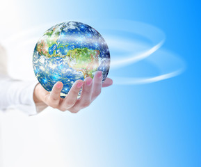 Earth from Space in hands, globe in hands Best Internet Concept of global business from concepts series. Elements of this image furnished by NASA. 3D illustration.
