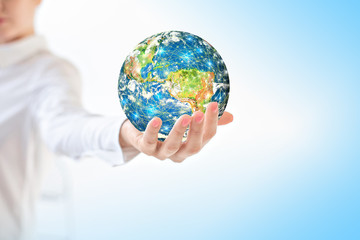 Earth from Space in hands, globe in hands Best Internet Concept of global business from concepts series. Elements of this image furnished by NASA. 3D illustration.
