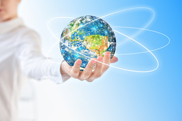 Earth from Space in hands, globe in hands Best Internet Concept of global business from concepts series. Elements of this image furnished by NASA. 3D illustration.