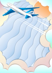 The flight of a passenger airliner. Aircraft. Colorful sky, bright sun and clouds. The effect of cut paper. Fashionable color gradients. 3d illustration. Rest, travel, tourism and business. 