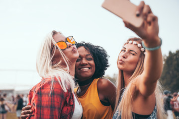Selfie at summer music festival, group of friends having fun together