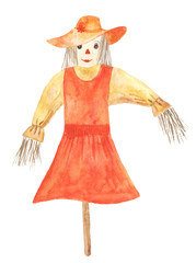 Watercolor scarecrow. Hand drawn illustration. 