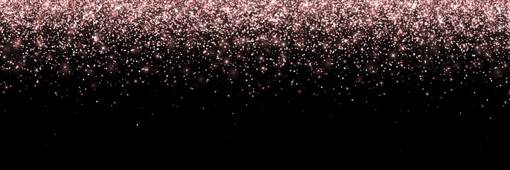 Fototapeta Rose gold falling particles on black background, wide banner. Vector obraz