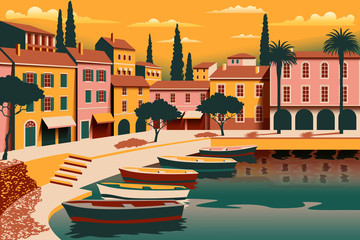 Mediterranean romantic landscape. Handmade drawing vector illustration. Can be used for posters, banners, postcards, books & etc.