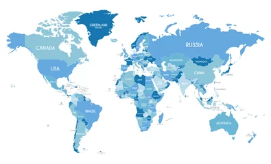 Selbstklebende Fototapete Weltkarte Politische Weltkarte-Vektorillustration mit verschiedenen Blautönen für jedes Land. Bearbeitbare und klar beschriftete Ebenen.