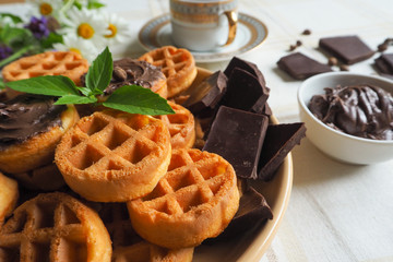 waffle with chocolate cream on a textile napkin.  