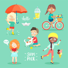 Summer Kids set, riding bicycle, playing and having fun.