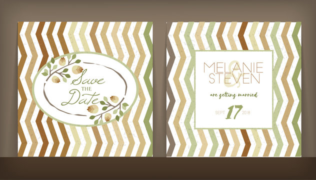 Save the date. Wedding invitation double-sided card design template with stripped background. Stationery design. Vector illustration