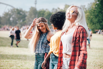 Group of friends celebrating summer at music festival