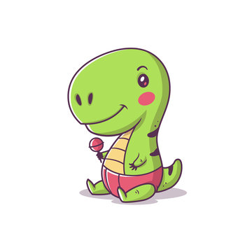 Cute Kawaii Baby Tyrannosaurus Rex, Little T-rex Cartoon Vector Illustration
