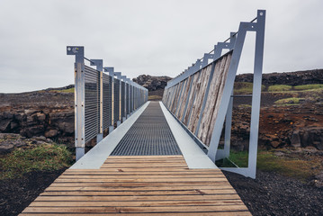Midlina - the small symbolic footbridge between two continents in Reykjanes Peninsula in Iceland