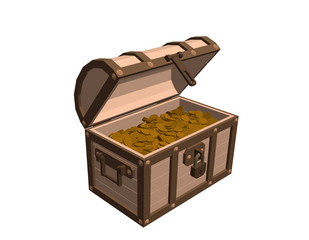 Wooden chest with coins. Isolated on white background. 3d Vector illustration.