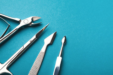 Manicure supplies on blue background