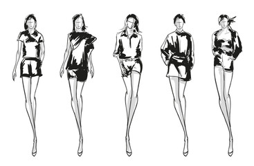 Stylish fashion models. Pretty young girls. Fashion girls Sketch
