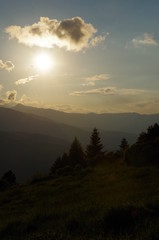 Forêt des montagnes au coucher du soleil