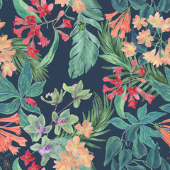 Watercolor painting seamless pattern with tropical flowers and leaves