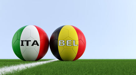 Italy vs. Belgium Soccer Match - Soccer balls in Italy and Belgium national colors on a soccer field. Copy space on the right side - 3D Rendering 