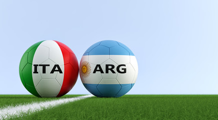 Italy vs. Argentina Soccer Match - Soccer balls in Italy and Argentina national colors on a soccer field. Copy space on the right side - 3D Rendering 