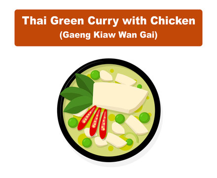 Thai green curry with chicken, Top view vector art