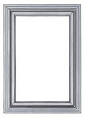 Silvered wooden picture frame with carved linear pattern in retro style isolated on white background