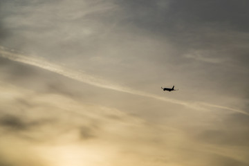 Airplain in sunset sky