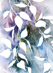 Watercolor floral background. Abstract flowers. Greeting card with floral design. White leaves on abstract background.