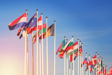 Flags of different countries against a sunlight