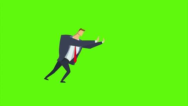 Businessman pushing something on green screen. Animated flat character. Seamless loop animation.