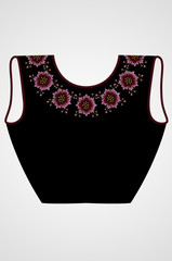 Design for clothes in the style of Boho, embroidery of the rim around the neck with red and pink flowers on a black women's blouse


