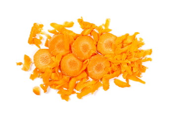 Fresh shredded carrots isolated on white background, top view