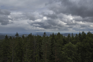 view of low mountains on a cloudy day