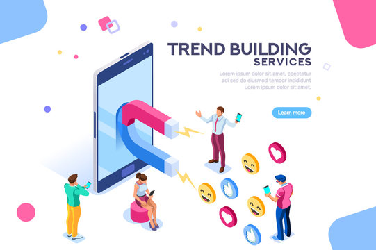 Social media concept with characters. Followers follow social trend, people talking and share a chat, tag or post comment online. Characters isometric flat illustration isolated on white background.