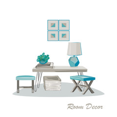 Interior design illustration. Modern elements living room trendy style. Home house decoration. Furniture lounge. Table coffee chair stool lamp books plant. Pastel colors Flat vector isolated