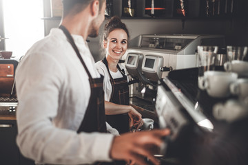 Obraz na płótnie Canvas Cafe business, professional baristas team during work at cafe