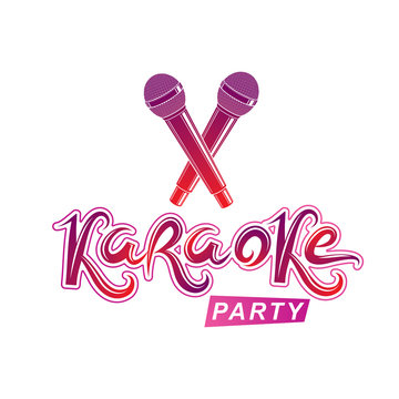 Karaoke party lettering, rap battle vector emblem created using two crossed microphones audio equipment.