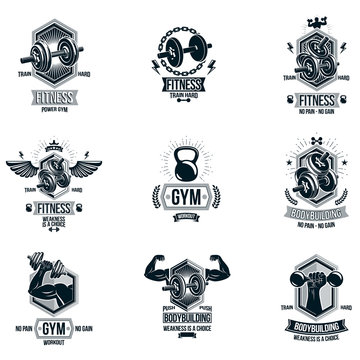 Vector power lifting theme emblems and motivational flyer templates collection made using dumbbells, kettle bells sport equipment and bodybuilder body silhouettes.