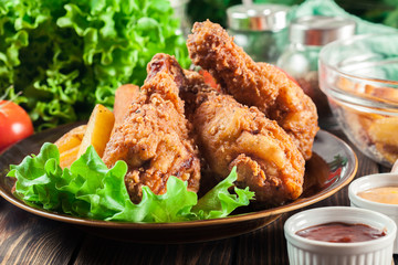Crispy fried kentucky chicken legs with french fries