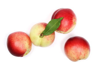 Fresh ripe peaches isolated on white background, top view