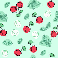 Cherries, mint leafs and ice cubes hand draw vector seamless pattern. © jullyromas