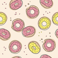 Donuts seamless pattern. Cute sweet food baby background. Colorful design for textile, wallpaper, fabric, decor.