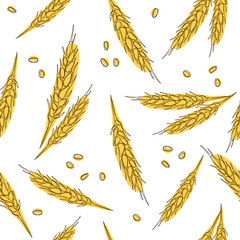Wheat ears seamless hand drawn pattern isolated on white background as package design element.