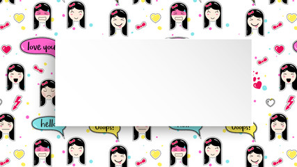 Girl banner with anime emoji pattern. Cute stickers with emoticon and 3d paper. Childish girl banner with kawaii asian faces. Template for fashion and make up sales, ads, special offers and flyers.