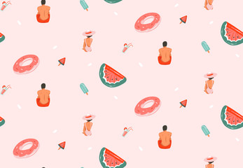 Hand drawn vector abstract graphic cartoon summer time flat illustrations seamless patterns with cocktails,float rings ans beach people isolated on pink pastel background