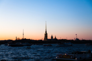 Bank of the Neva in St. Petersburg at sunset