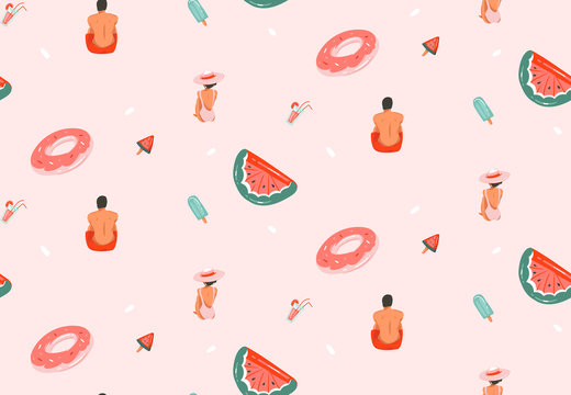 Hand drawn vector abstract graphic cartoon summer time flat illustrations seamless patterns with cocktails,float rings ans beach people isolated on pink pastel background