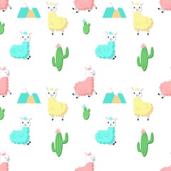 Cute alpaca with cactus vector seamless pattern